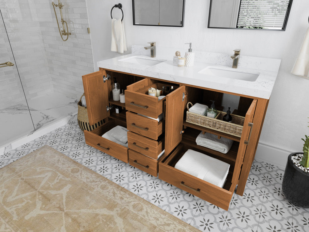 Malibu Teak 60 Double Sink Bathroom Vanity in Golden Teak  2" Calacatta Laza