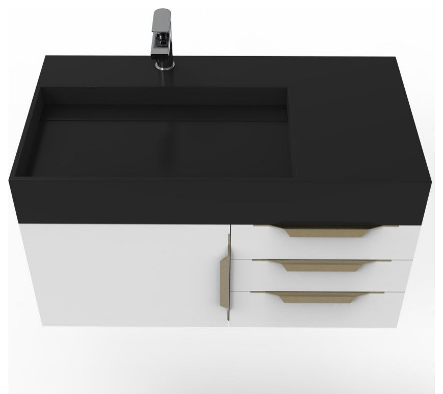 CastelloUSA Amazon 36" Wall Mount Vanity Set, White, Black Top, Gold Handles