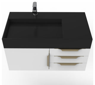 CastelloUSA Amazon 36" Wall Mount Vanity Set, White, Black Top, Gold Handles