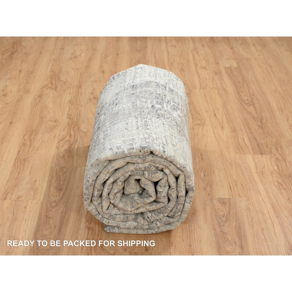 Light Gray Modern Design Wool Hand Knotted Gallery Size Runner Rug, 8'1"x16'0"