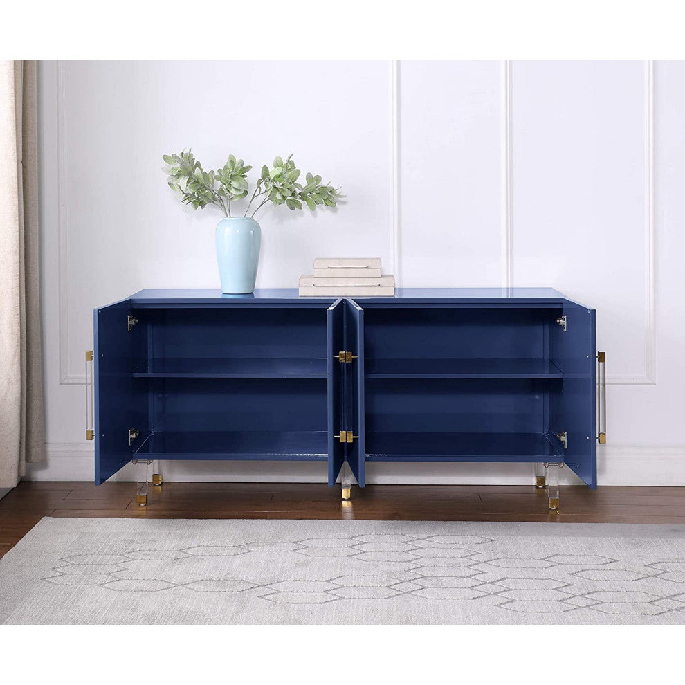 Elegant Sideboard, Geometric Doors & Acrylic Pulls With Golden Accents, Navy