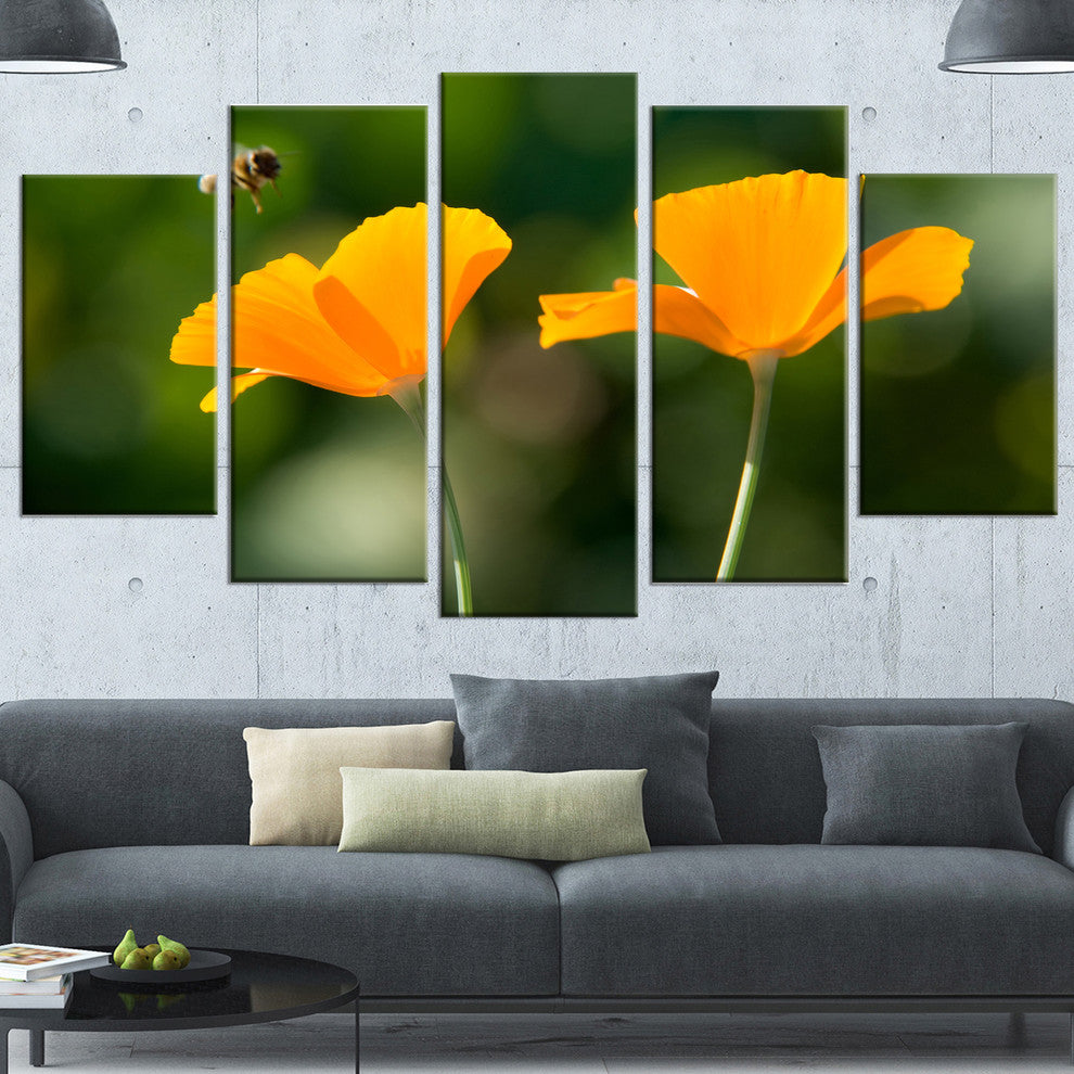 Orange Flowers and Flying Bee, Floral Canvas Art Print, 60"x32", 5 Panels