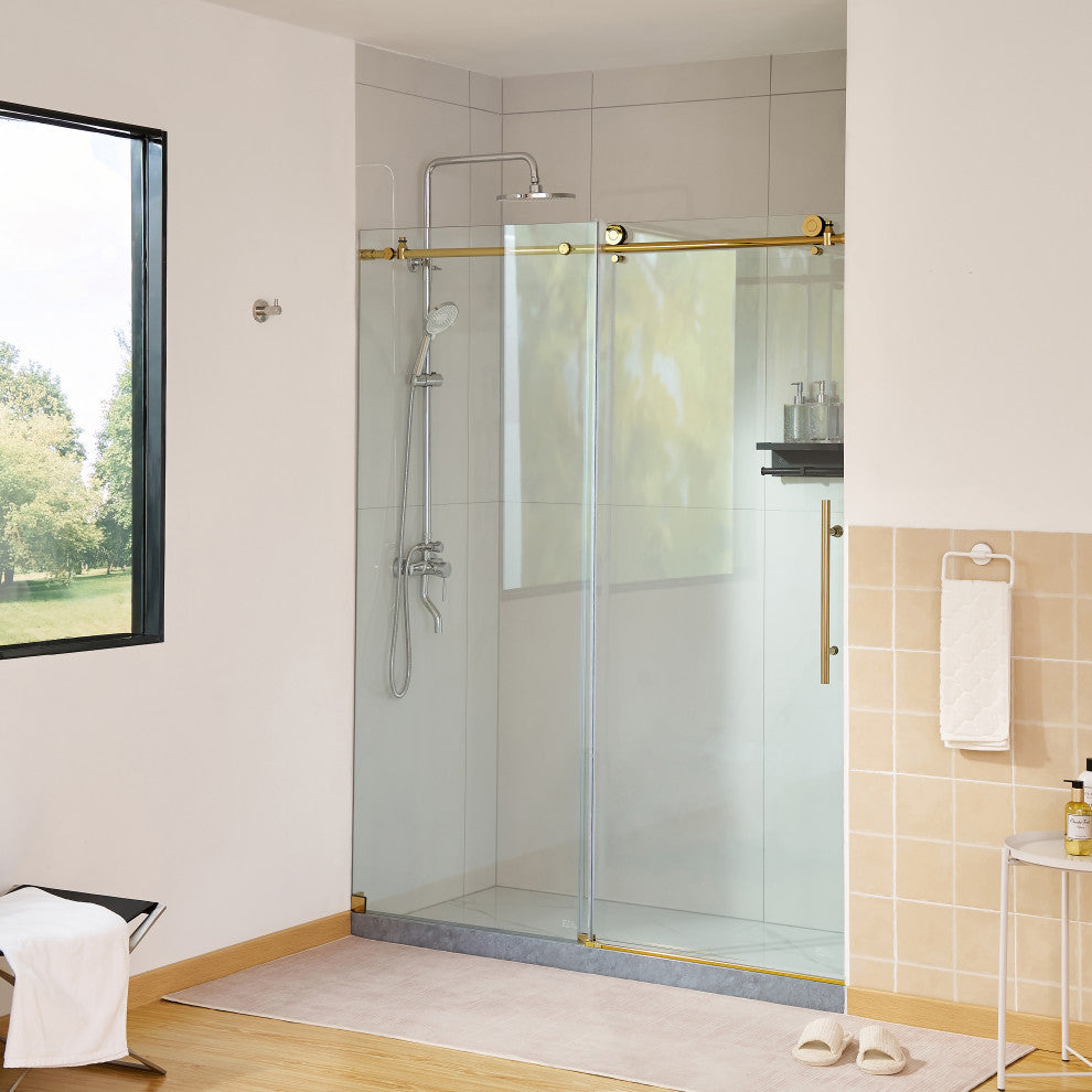 56"“60"Wx76" Frameless Sliding Shower Door With Clear Glass, Titanium Gold