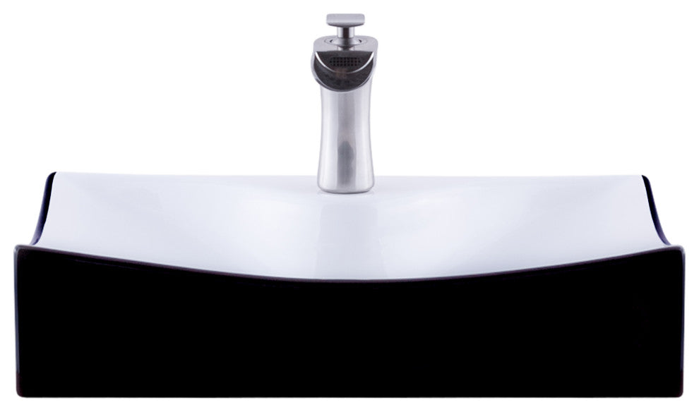 Rectangular Black/White Porcelain Vessel Sink and Faucet Set, Brushed Nickel