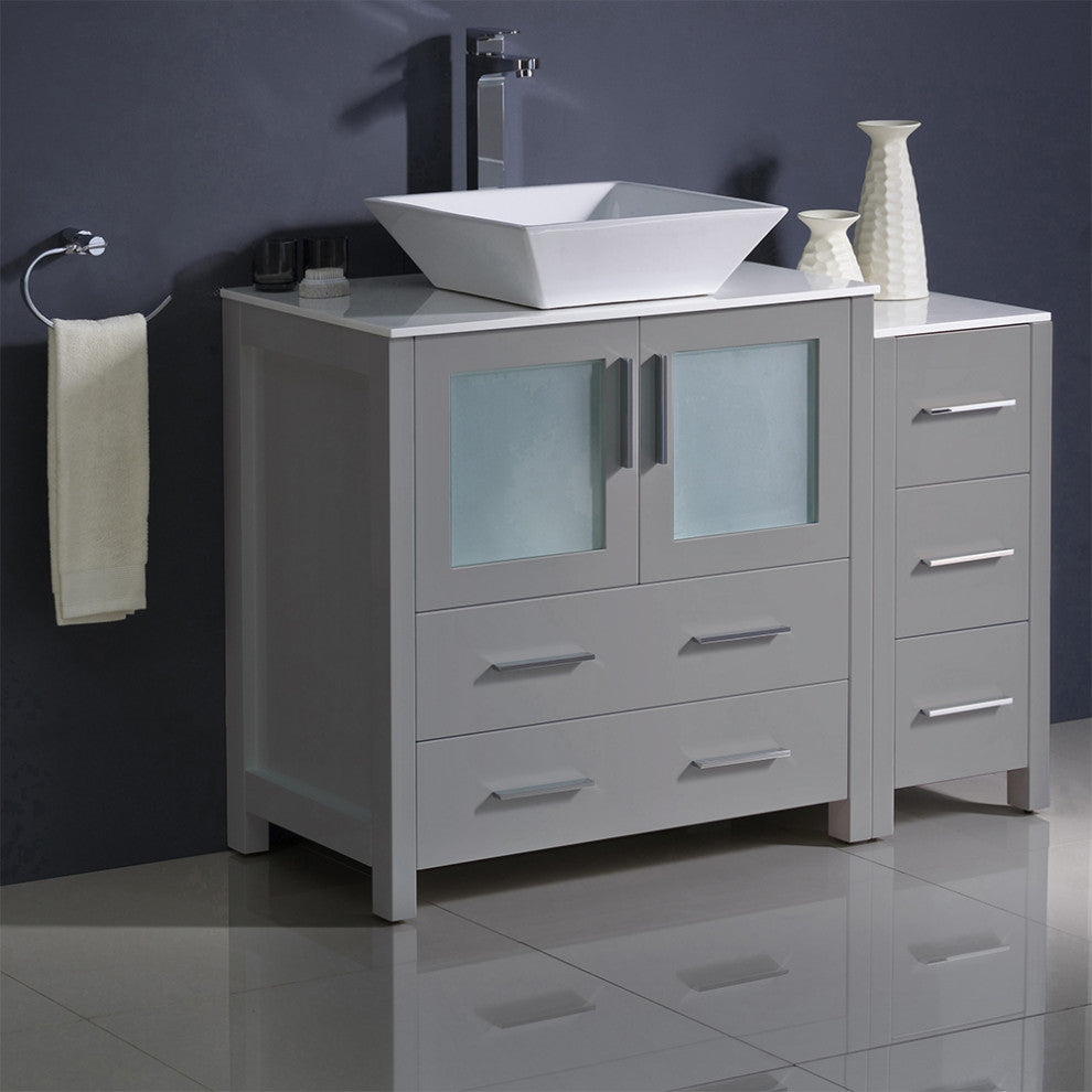 Torino Modern Bathroom Cabinets With Top and Vessel Sink, Gray, 42"
