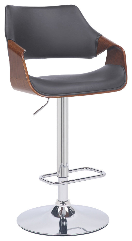 Gray Faux Leather and Walnut Wood and Chrome Swivel Adjustable Bar Stool