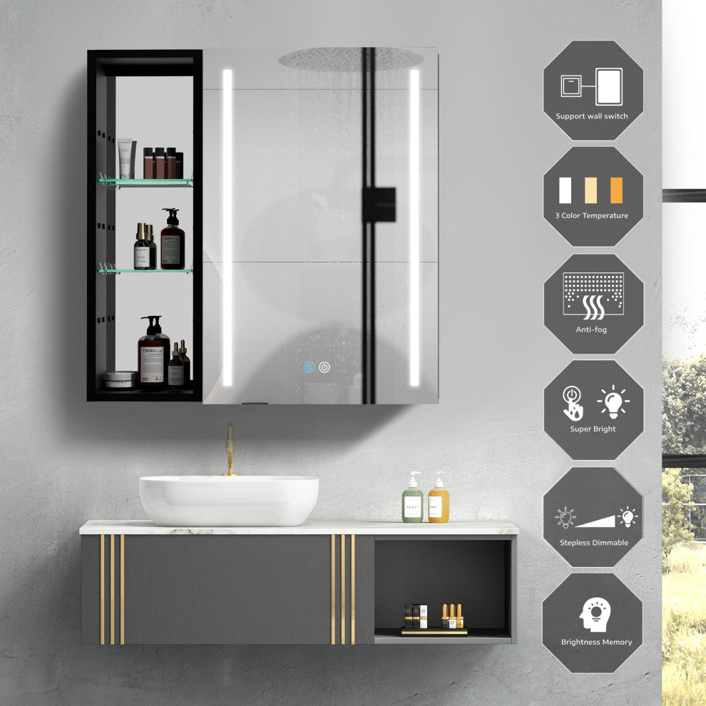 30"  Aluminum Surface Mount Medicine Cabinet with Mirror and Open Shelves