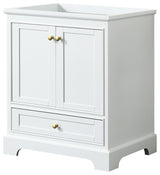 30" Single Bath Vanity, White, No Countertop, No Sink, Gold Trim