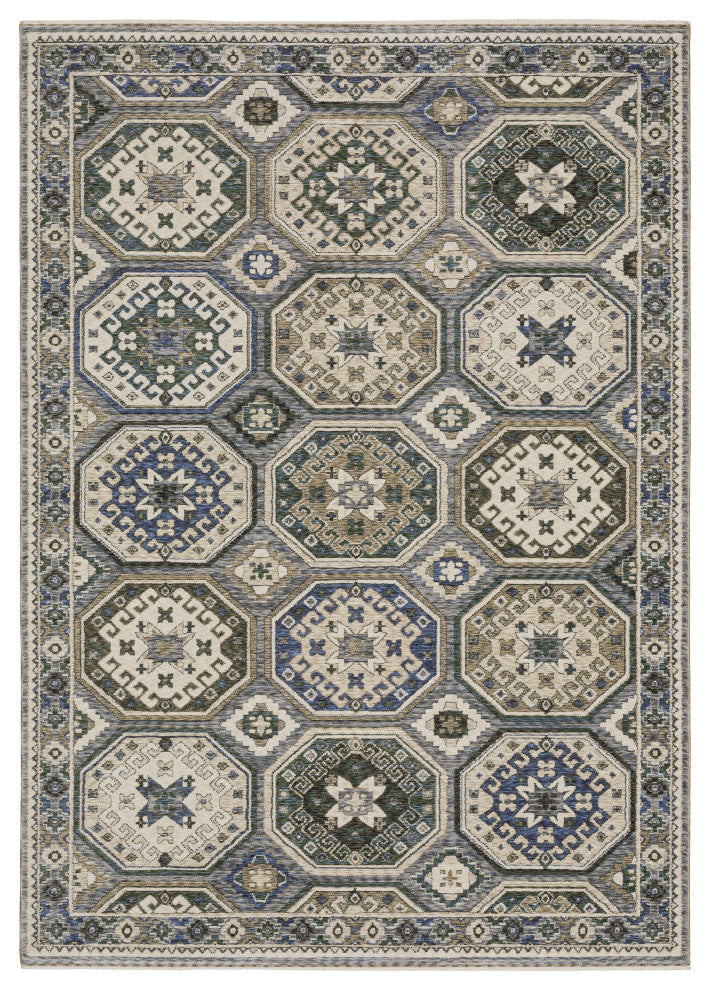 Hanford Panel Medallion Ivory/Blue Fringe Edge Area Rug 6'7" x 9'6"