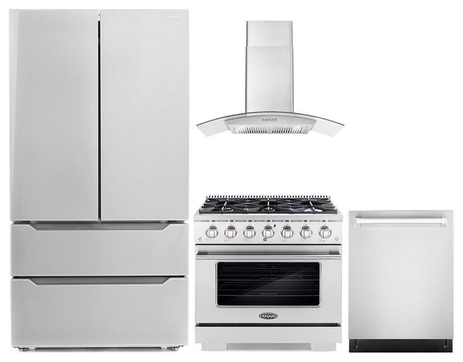 4-Piece, 36" Gas Range, 36" Range Hood, 24" Dishwasher and Refrigerator