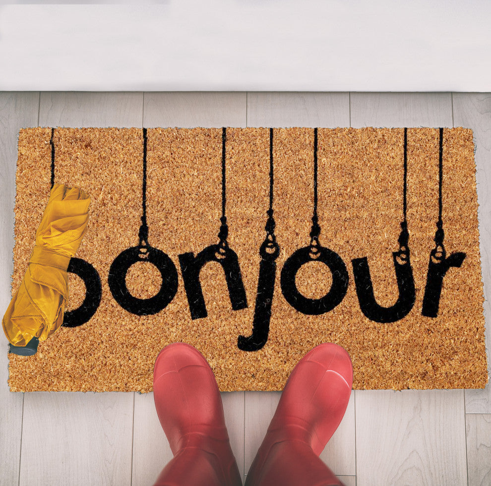 Sheltered Front Door Mat Coir Coco Fibers Rug 24x16, Bonjour