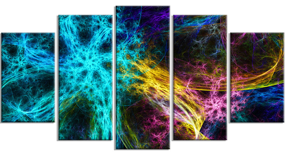 Glowing Abstract Fireworks, Contemporary Canvas Art Print, 60"x32", 5 Panels