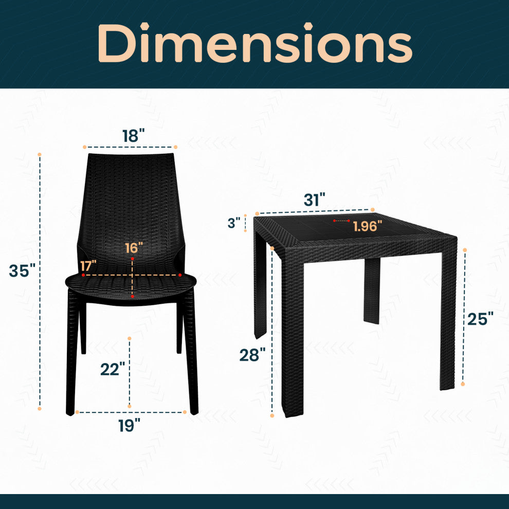 LeisureMod Kent Weave Design 3-Piece Outdoor Patio Dining Set, Black