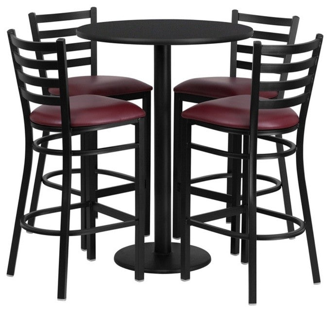 30" Round Black Laminate Table Set With 4 Ladder Back Barstools, Burgundy
