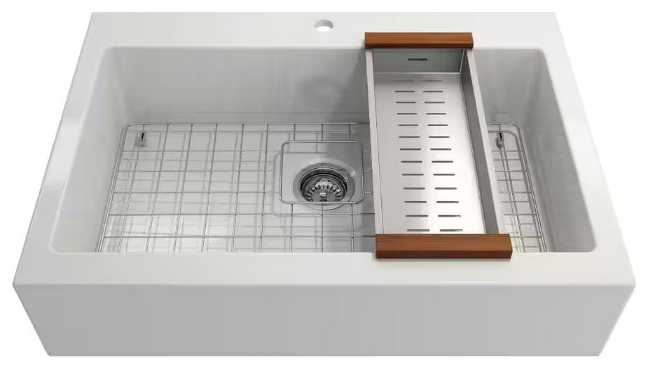 BOCCHI 1500-001-2020CH Apron Front Drop-In Fireclay 34" 1 Bowl Kitchen Sink Kit