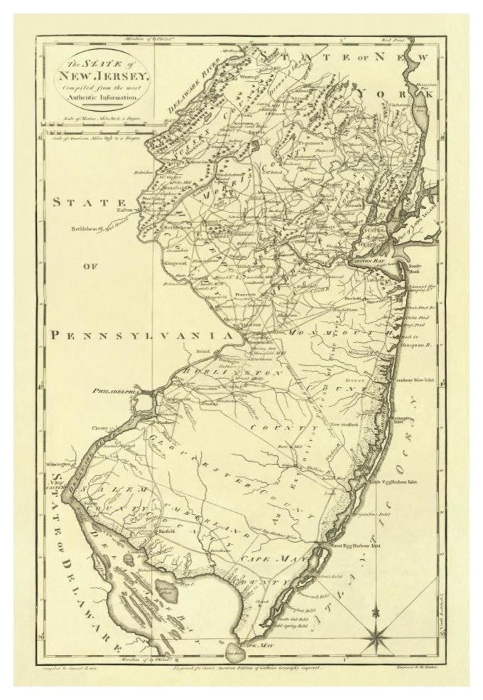 "State of New Jersey, 1795" Digital Paper Print by Mathew Carey, 26"x38"
