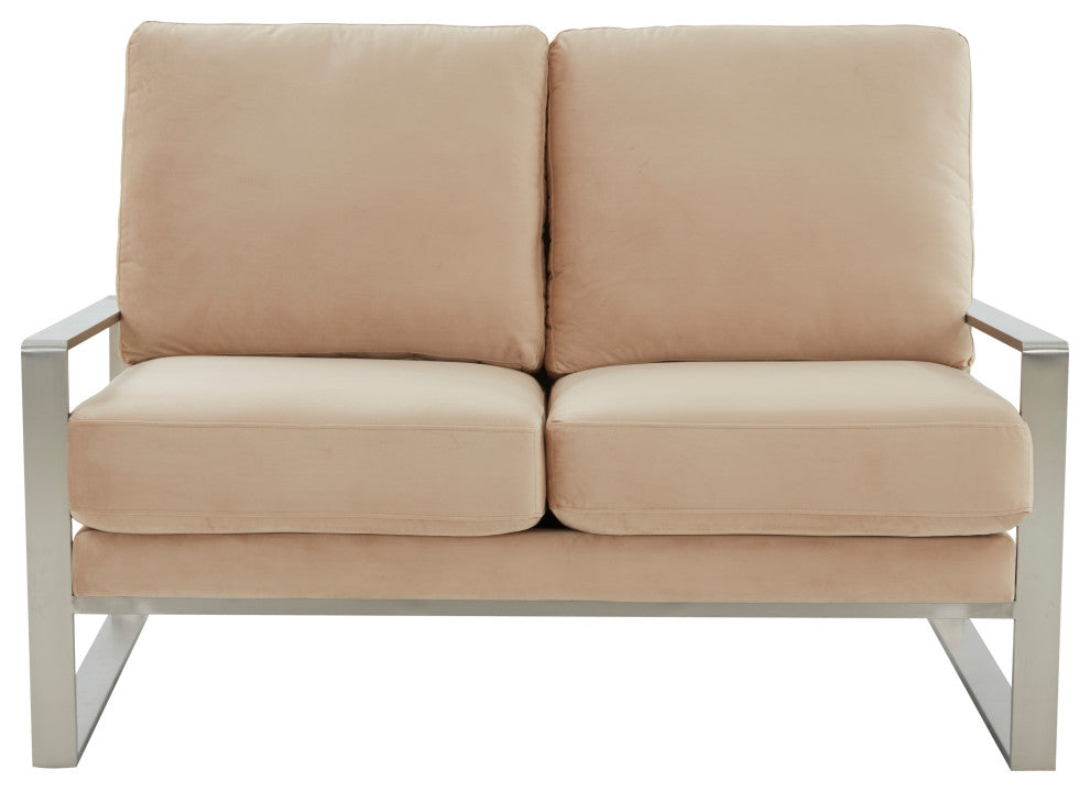 LeisureMod Jefferson Modern Design Velvet Loveseat With Silver Frame, Beige