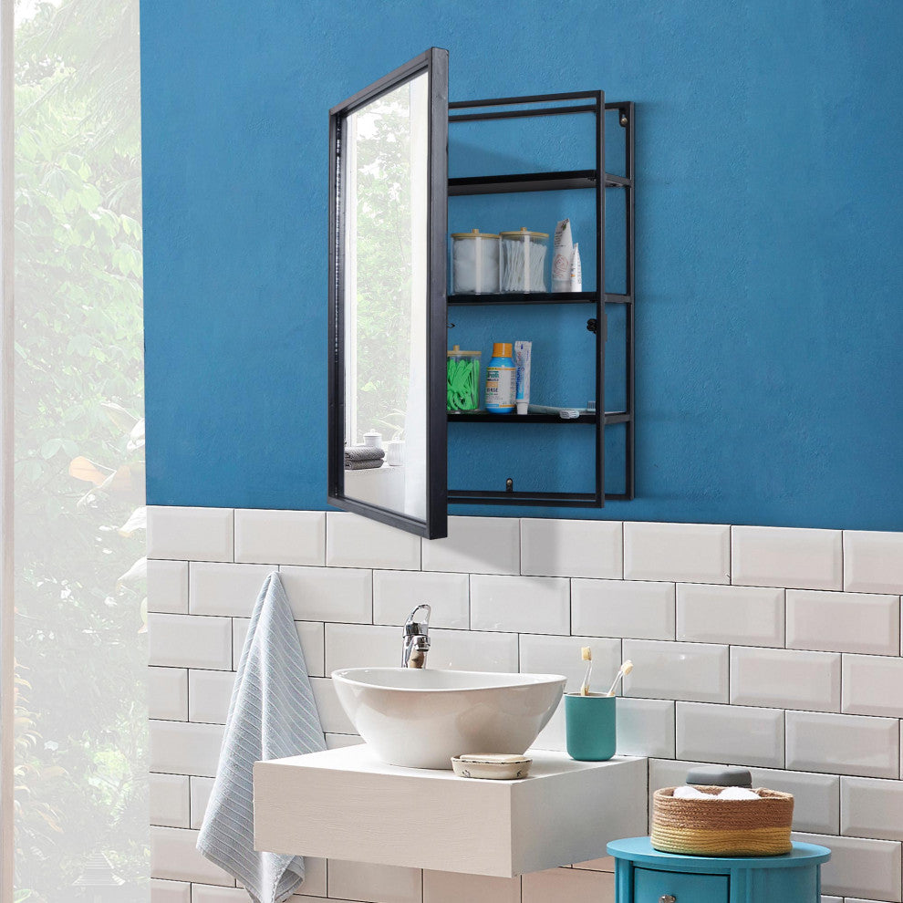 Black Metal Frame Rectangle Vanity Wall Mirror with Shelves - 18" x 24"