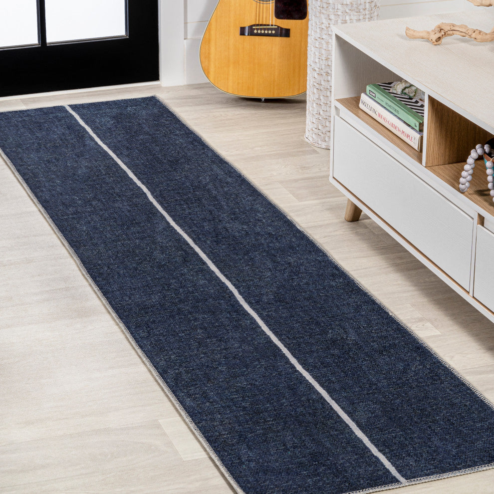 Linja Solid Centre Stripe Machine-Washable Area Rug, 2 X 8