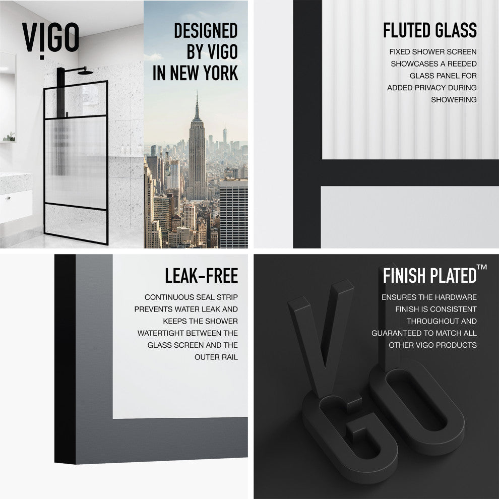 VIGO Essex 34" W x 74" H Framed Fixed Shower Screen with Fluted Glass, Matte Black