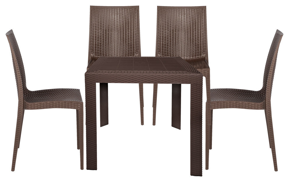 LeisureMod Mace Mid-Century 5-Piece Outdoor Patio Dining Set, Brown