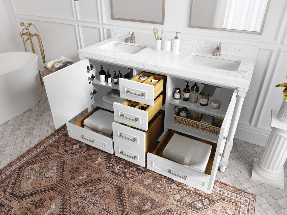Aberdeen 60 Double Bathroom Vanity in White 2" Carrara Marble