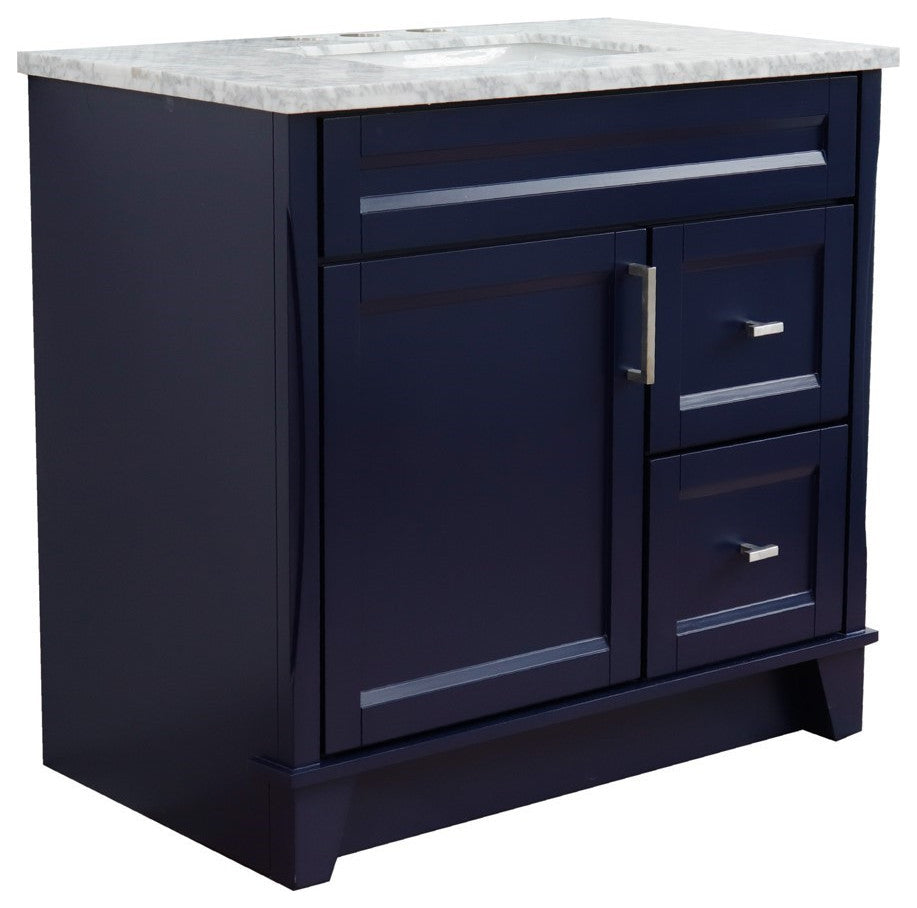 37" Single Sink Vanity, Blue Finish With White Carrara Marble