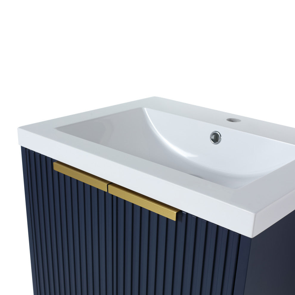 Plywood Freestanding Bathroom Vanity Set with White Ceramic Sink , Navy Blue, 24
