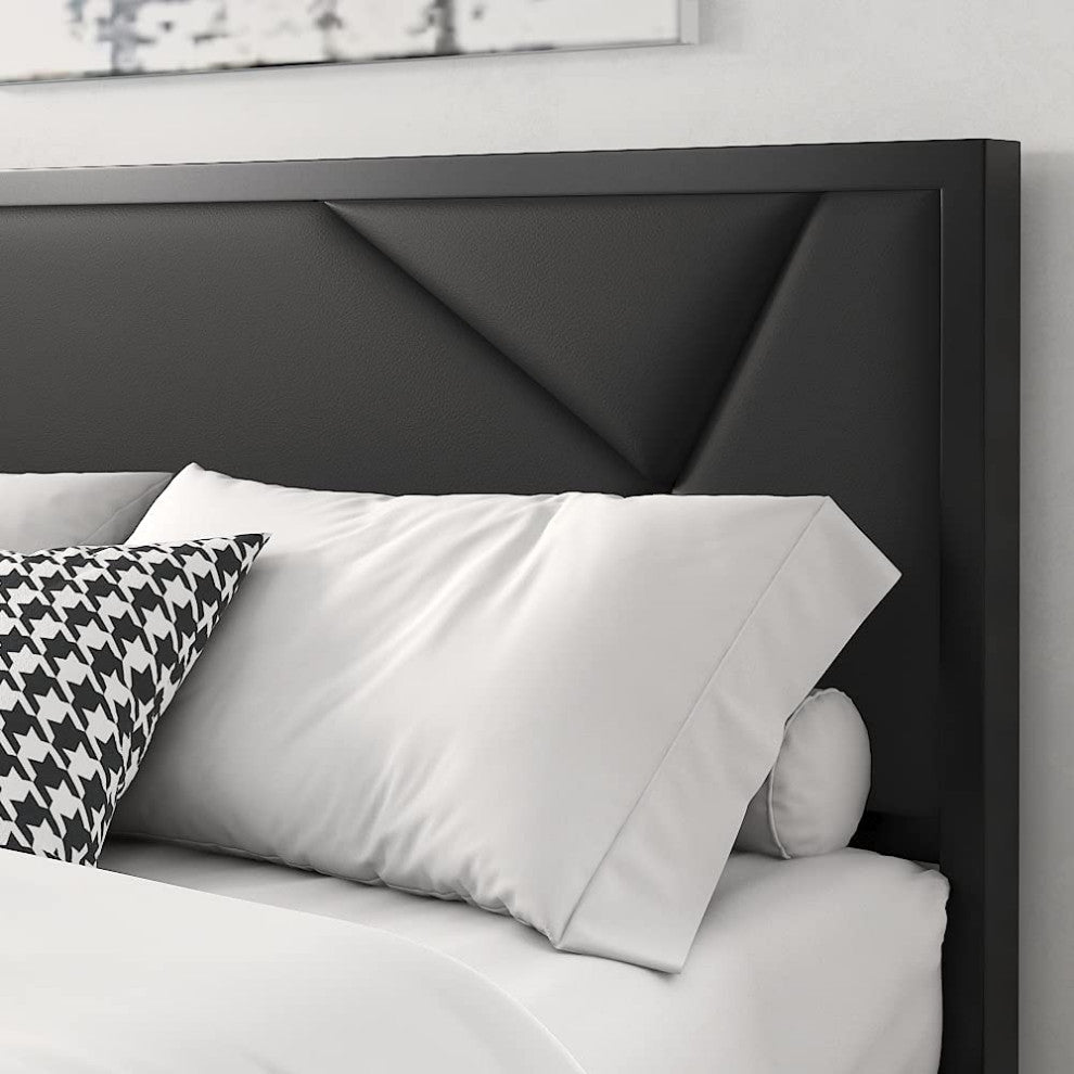 Modern Twin Size Metal Bed Frame with Geometric Litchi Grain Leather Headboard