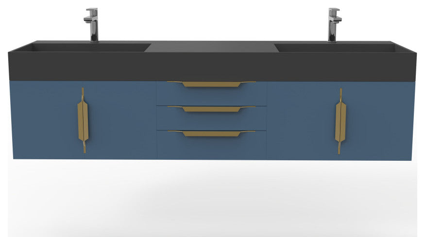 CastelloUSA Amazon 72" Wall Mounted Vanity Set, Blue, Black Top, Gold Handles