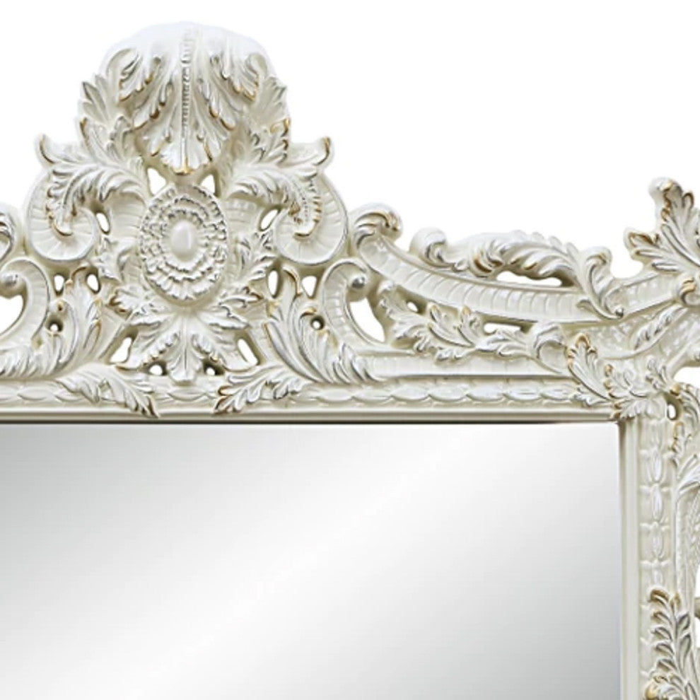 Benzara BM275672 Classic Ornate Carved Mirror, Crowned Top Frame, Wood, White