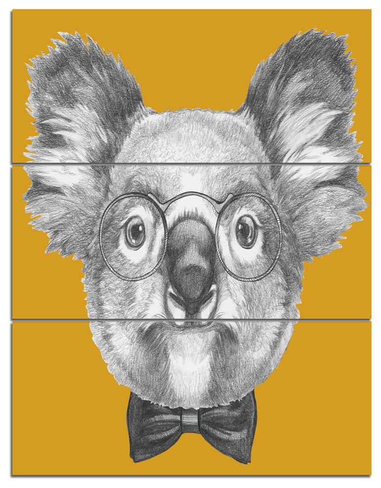 Koala with Glasses and Bow Tie, Contemporary Animal Art Canvas, 28x36, 3 Panels