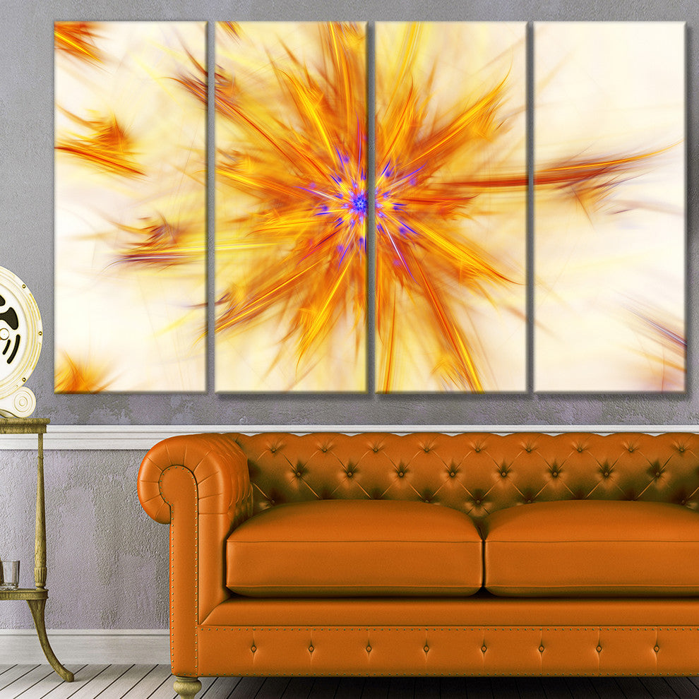 Shining Yellow Exotic Fractal Flower, Floral Canvas Art Print, 48"x28", 4 Panels