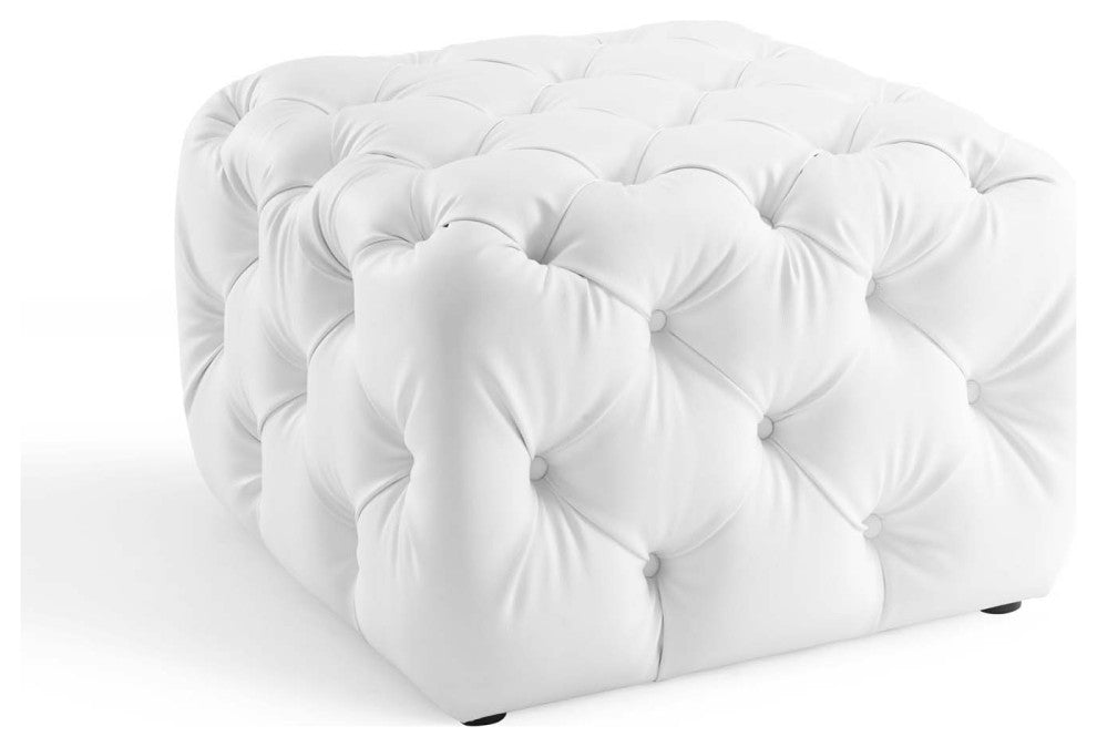 Tufted Accent Chair Ottoman, Square, Faux Leather, White, Modern, Lounge