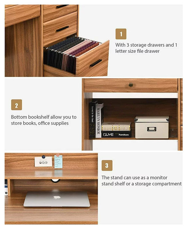 Traditional Desk, Hardwood Frame With Storage Drawers & Open Comparments, Brown