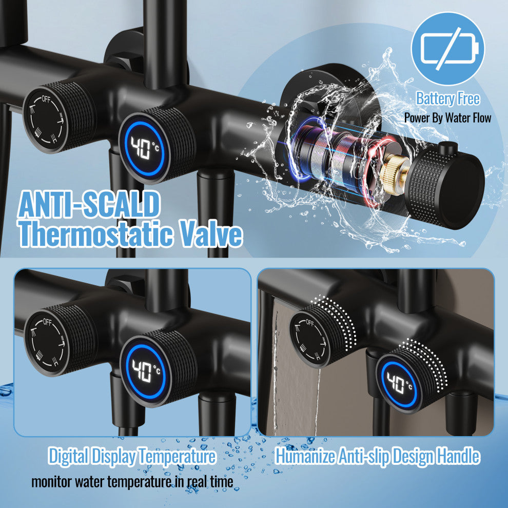 Exposed 4-Function Thermostatic Shower System with Spray Gun and Tub Spout, Matte Black