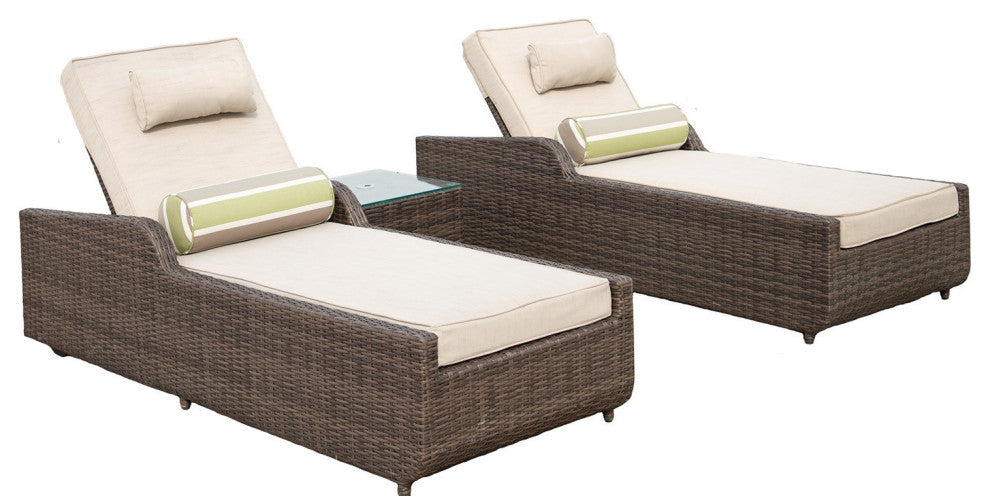 78" Set of Two Brown Indoor Outdoor Chaise Lounge with Beige Cushion