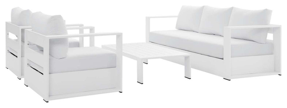 Lounge Sectional Sofa Chair Table Set, White, Aluminum, Modern, Outdoor Patio