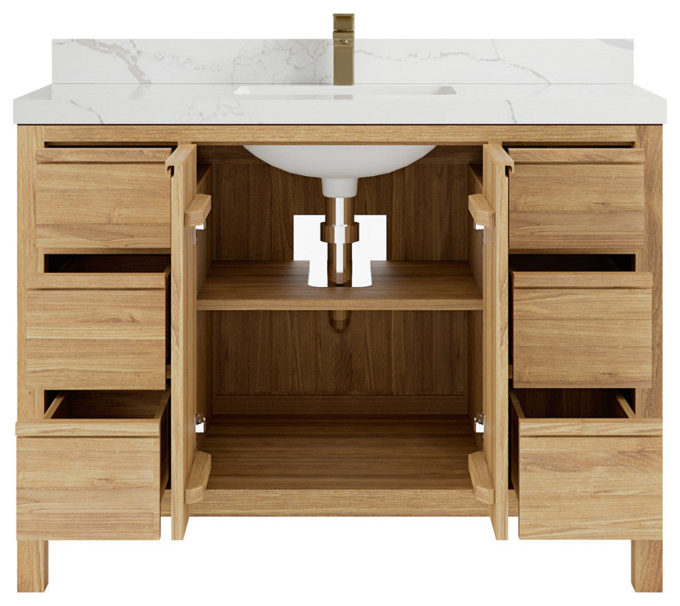 Elizabeth 48 Single Sink Bath Vanity in Light Natural Teak 2" Calacatta Laza