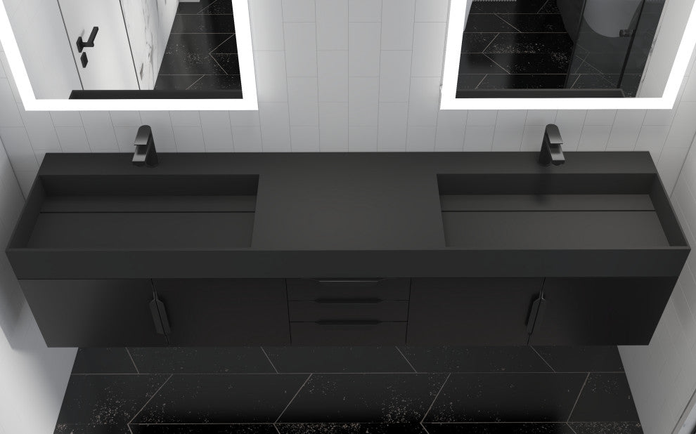 CastelloUSA Amazon 84" Wall Mounted Bathroom Vanity Set, Black, Black Top, Black Handles