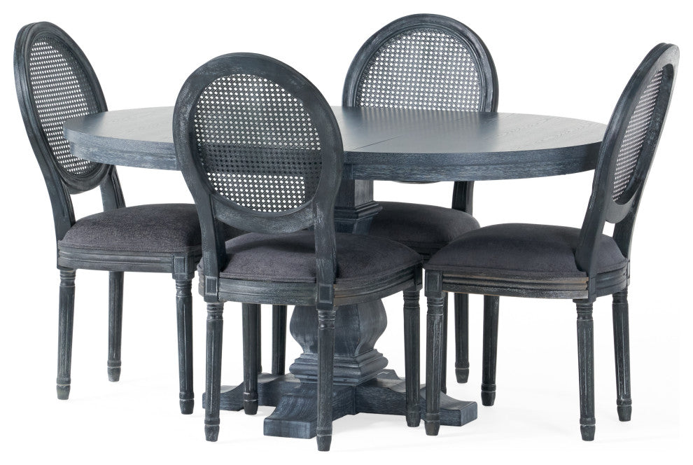 Lintz French Country Wood and Cane  5-Piece Expandable Oval Dining Set, Gray/Gray, Fabric