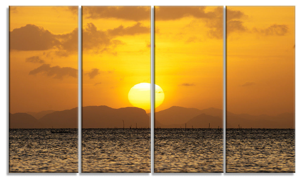 Yellow Sunset and Brown Ocean, Seashore Canvas Print, 48"x28", 4 Panels