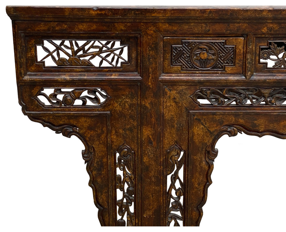 Chinese Brown Wood Open Flower RuYi Carving Apron Altar Console Table Hcs7802