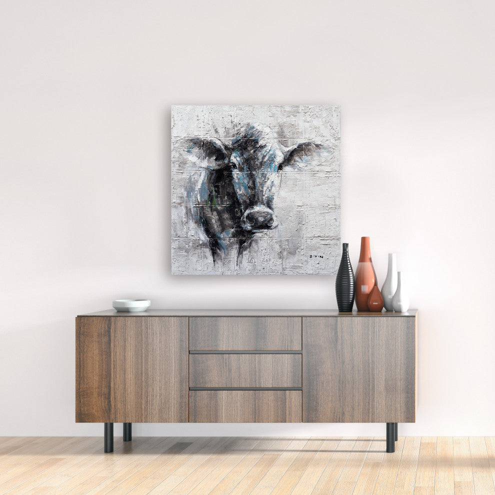 "Mysterious Cow Hand Painted" Canvas Artwork, 40"x40"
