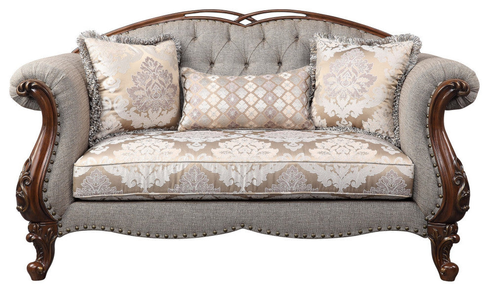 Benzara BM250250 Loveseat, Button Tufted Back and Queen Anne Legs, Gray/Brown