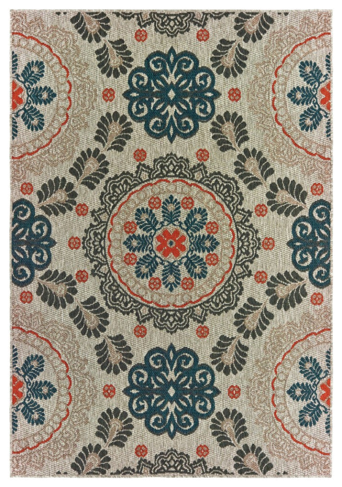 3' X 5' Blue and Gray Damask Indoor Outdoor Area Rug