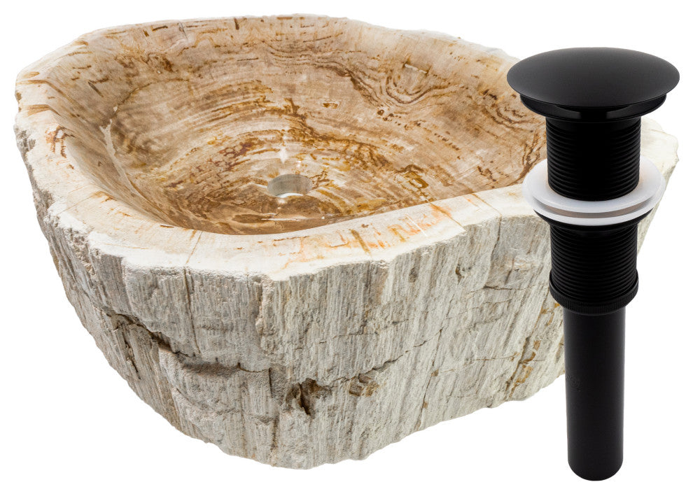 Fossil Wood Vessel Sink and Drain, Matte Black