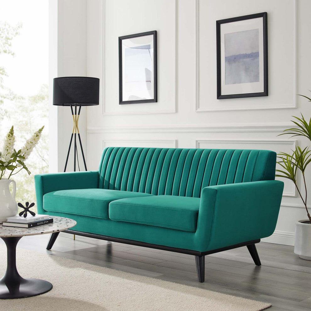 Tufted Loveseat Sofa, Velvet, Teal Blue, Modern, Living Lounge Hotel Hospitality