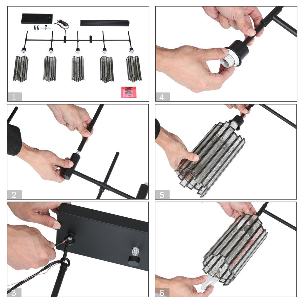 LNC Hemera 5-Light 45" Matte Black with Tiffany, Modern Kitchen Island Light