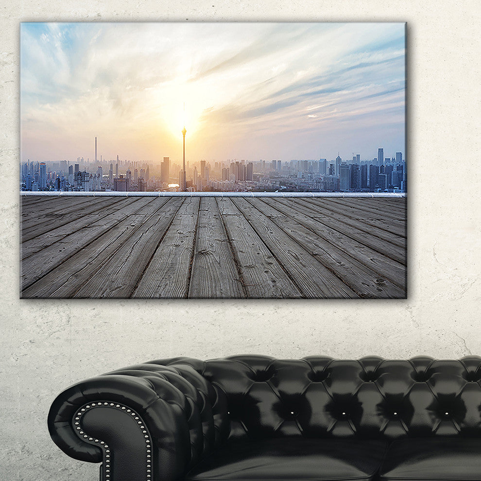 "Buildings With Empty Wooden Board" Landscape Wall Wall Art, 32"x16"